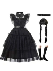 WEDNESDAY STYLED 11-12Y Complete Costume Dress W/wig. Gothic Family Princess New - Picture 1 of 10
