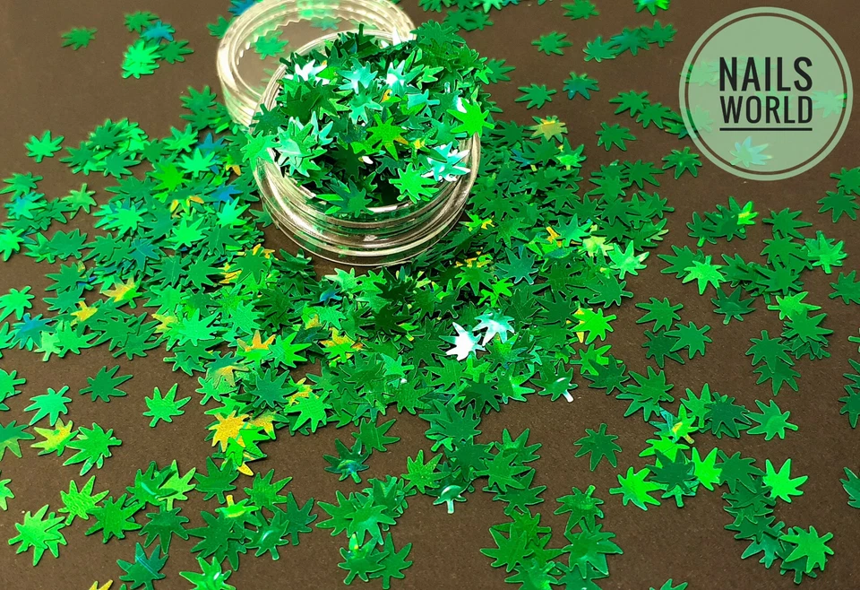 NAILS WORLD W3 Weed Leaf Glitter Nail Art Leaves Sequin Grass 3D SHAPE Marijuana Manicure UK