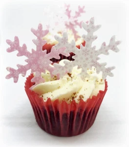 30 copos de nieve comestibles de papel para pasteles de oblea de patrón rosa y blanco grandes precortados - Imagen 1 de 1