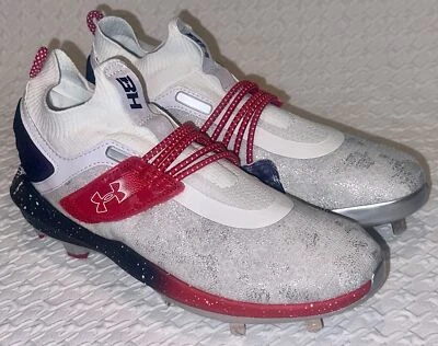 UNDER ARMOUR Harper 8 ST White Navy Blue Red Metal Baseball Cleats Mens 10 10.5 - Image 1 of 4