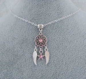 Pink Diamante Dreamcatcher, Angel Wings & Star, Silver Plated Chain Necklace - Picture 1 of 5