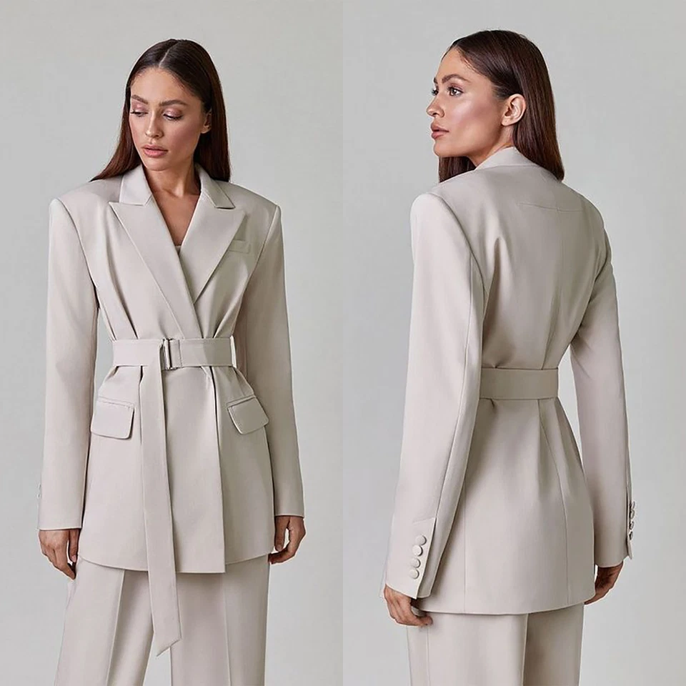 Nuevo Primavera Mujeres Damas Trajes 2 Piezas Doble Pecho con Cinturón Pantalones Anchos Foto 1 de 4