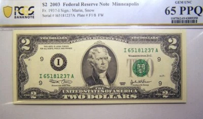 2003 $2 Federal Reserve Note PCGS 65 PPQ Marin, Snow - Image 1 of 2