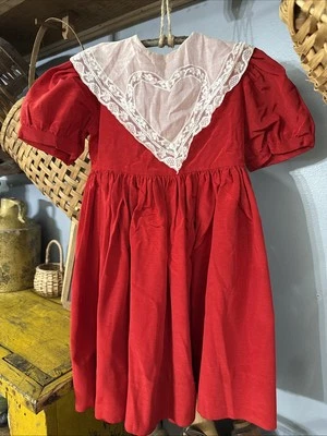 Vintage Handmade HEAVY Red Brocade Dress Sz 2T Lace Colonial Prairie Primitive - Image 1 of 4