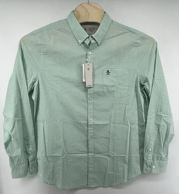 Penguin Munsingwear XL Button Front Shirt L/S Mint Navy Dot Print Stretch NWT - Image 1 of 4