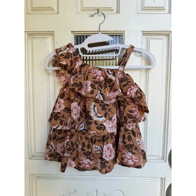 Janie and Jack Girls Brown Floral Butterfly Ruffle One Shoulder Top Size 7 - Image 1 of 4