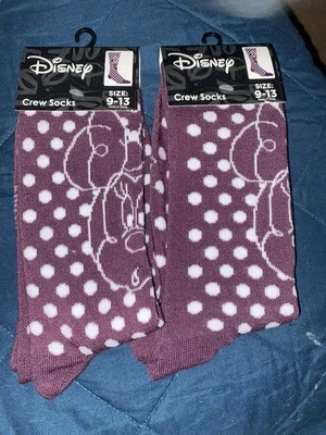2 Pares Calcetines Disney Minnie Mouse Crew Mujer Talla 9-13 Púrpura Lunares Gruesos Foto 1 de 4