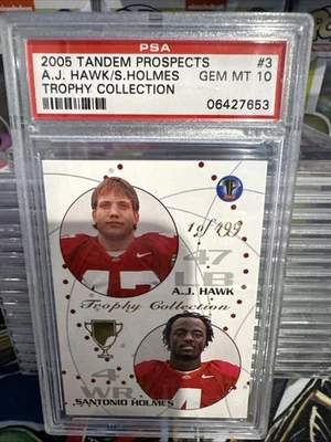 2005 Tandem Prospects Trophy Coll. AJ Hawk/Santonio Holmes 1/499 PSA 10 Pop 1 - Image 1 of 2