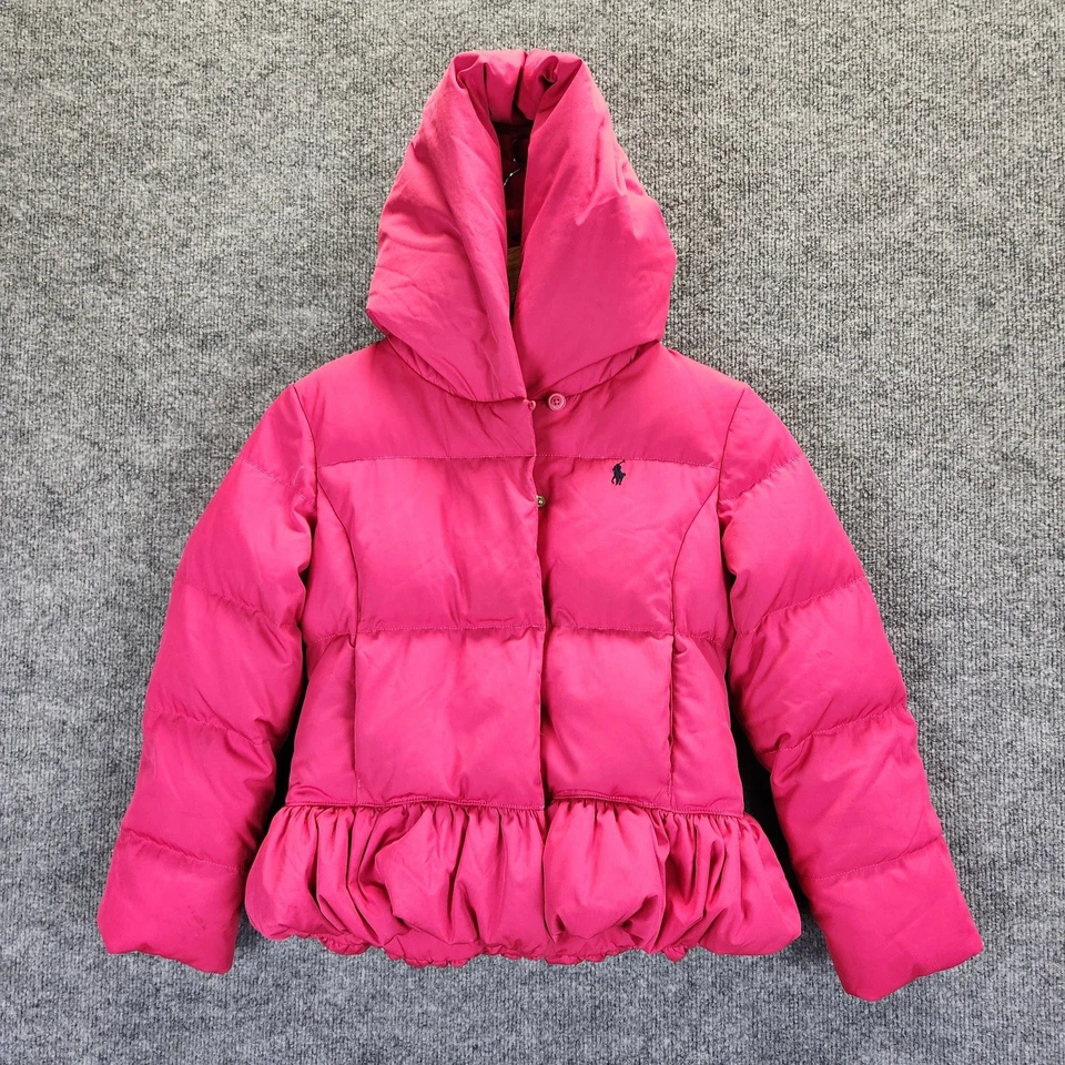 Ralph Lauren 夹克女孩中号粉色羽绒连帽荷叶边下摆外套 — 第 1/4 张图片