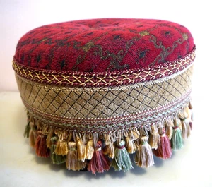 Bohemian Footstool Pouf, Burgundy red and gold, 14" across x 10" high - Picture 1 of 3