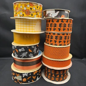 Vtg Halloween Ribbon Fabric Ghost, Pumpkin, Bat Cat WFR Berwick Offray Lot Of 12 - Picture 1 of 9