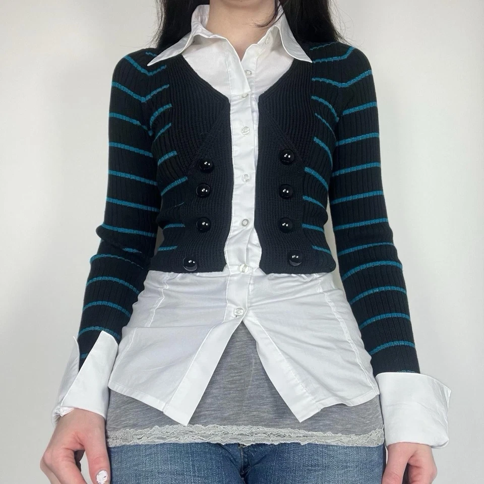 Y2K Gothic Striped Fitted Knit Button Up Henley Sweater Long Sleeve Emo Grunge - Image 1 of 4