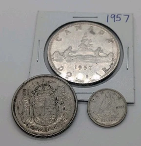 Set Of 3 Canada 1957 Silver Coins circulated 10c 50c & 1$ Coins - Bild 1 von 2