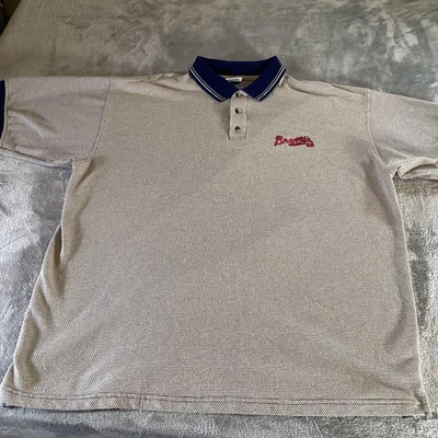Atlanta Braves Shirt Mens XXL Tan Navy Blue MLB Baseball Polo Short Sleeve - Image 1 of 4