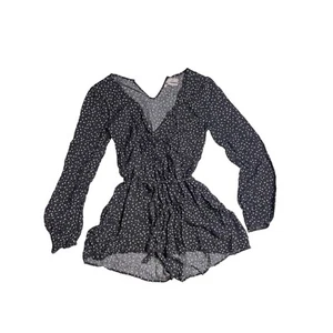 urban outfitters medium blue white floral short long sleeve romper vneck A779 - Picture 1 of 10