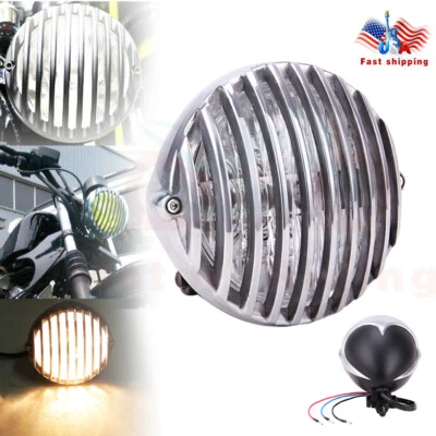 Chrome Headlight Motorcycle Finned Grill For Harley Chopper Bobber Cafe Racer US - Image 1 of 4