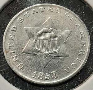 1853 THREE CENT SILVER PIECE - Picture 1 of 4