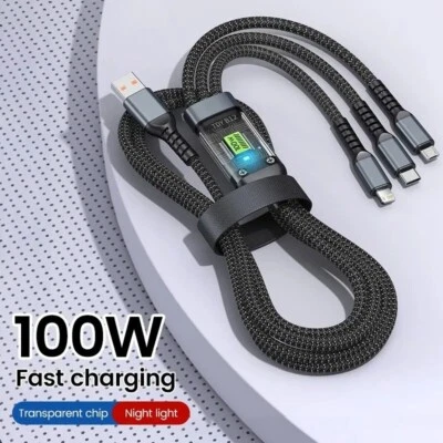 100W 5A Fast Charging USB to Type-C Micro Cable - 3-in-1 for iPhone & Android - Image 1 of 4