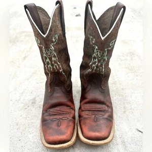 Ariat Brown Leather Square Toe Cowboy Boots Youth Kids Size 3 - Picture 1 of 9