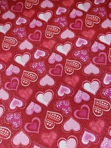 100% Cotton Valentine's Day Pink Red Hearts Silver Glitter Fabric 1/4 Yard - Picture 1 of 2