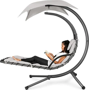 Outdoor Hanging Chaise Lounge Chair Swing w/Built-in Pillow/Canopy - White Sand - Picture 1 of 8