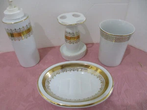Gorgeous 4Piece Bathroom Vanity Set Toothbrush, soap dish Glass & Pump Gold - Picture 1 of 4