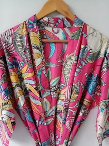 Indian Handmade Vintage Kimono Monkey Print Cotton Bath Robes Maxi Night Gown - Picture 1 of 7