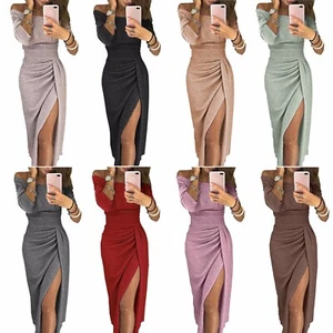 Women Evening Party Off Shoulder Bodycon Dress Long Sleeve Split Gown Dresses - Picture 1 of 23