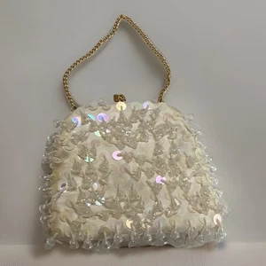 Vintage Perlen Clutch und Kette Abendtasche Handtasche weiß Perlen irisierend Braut - Bild 1 von 9