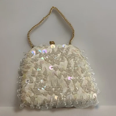 Vintage Beaded Clutch And Chain Evening Bag Purse White Pearl Iridescent Bridal - Image 1 of 4