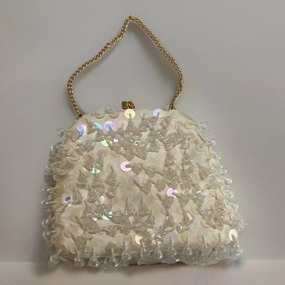 Vintage Beaded Clutch And Chain Evening Bag Purse White Pearl Iridescent Bridal - Image 1 of 4