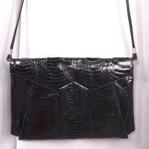 Vtg J Renee Purse Black Snakeskin Leather Crossbody Handbag 80s Minimalist Bag - Picture 1 of 24