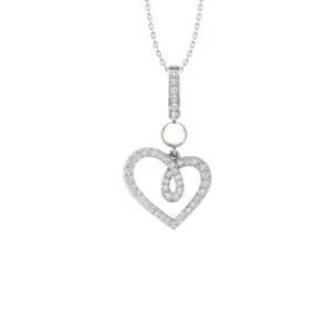 Lab Grown Diamond & Pearl 18" Silver Cable Chain Heart Pendant 14k White Gold - Picture 1 of 7
