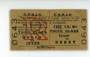 Railway Ticket Irish CDRJC 3rd Class Return Derry - Inver 13s6d - Picture 1 of 1