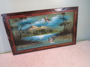 Original Oil Landscape Mountain Duck Painting - Stretched Velvet Canvas - Framed - Picture 1 of 12