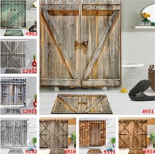 Rustic Wood Barn Door Waterproof Fabric Shower Curtain Set Bathroom & 12 Hooks