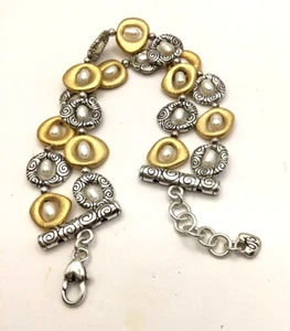 Brighton Satori Bracelet ~ Two Tone Pearl ~ Two Row Gold & Silver Tone 8.5 in - Picture 1 of 6