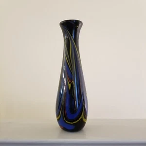 Beautiful Art Glass Hand Blown Black/ Blue/ Yellow 12.25" Vase Signed "Fen 1/03" - Picture 1 of 12