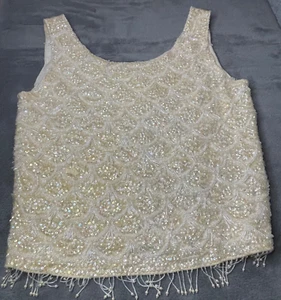 VTG Sequin Top Womens 36 Yellow Sweater White Iridescent Beads Fringe Evening - Picture 1 of 19