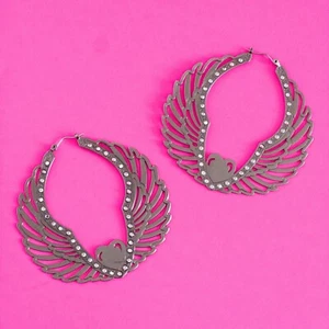 Vintage Betsey Johnson Angel Wings Trapped Heart Fly With Me Hoops Earrings - Picture 1 of 6