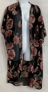 Live 4 Truth Size L Black Sheer Pink Floral Open Front Kimono Robe Swim Cover Up - Picture 1 of 9