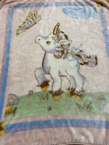 Novatex Pink Unicorn Butterfly Baby Blanket Blue Acrylic Plush Crib Throw 48x41