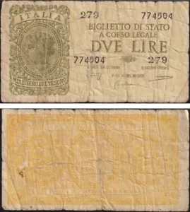 2 LIRE ITALIA LAUREATA 23/11/1944 - LUOGOTENENZA BOLAFFI/CAVALLARO/GIOVINCO - Afbeelding 1 van 1