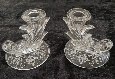 Vintage Fostoria Baroque Crystal Depression Glass Etched Candle Holders Pair - Image 1 of 3