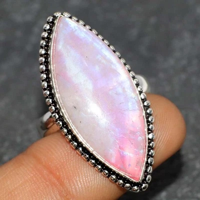 Anillo Hecho a Mano Piedra Lunar Rosa Flash 925 Chapado en Plata EE. UU. 8 Bien Hecho Regalo GW Foto 1 de 3