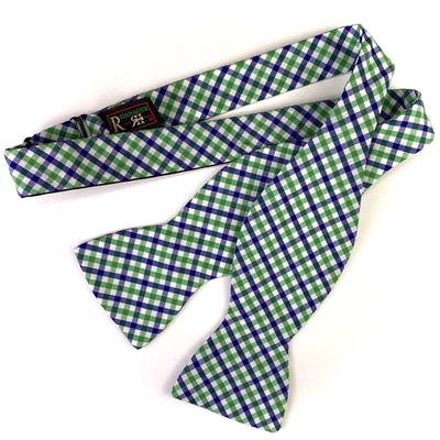 R Hanauer Bow Tie Blue Green Gingham Self Tie All COTTON Bow Tie 2.75" - Image 1 of 4