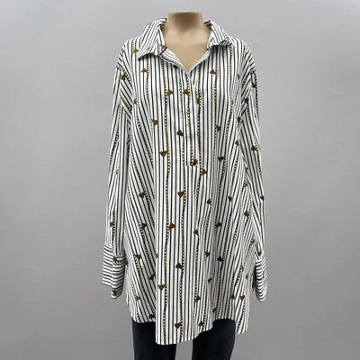 Chico's Top Women 3.5 XL = 18 Tassel Chain Print No Iron 1/4 Button Tunic Office - Image 1 of 4