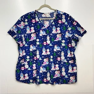 Scrubstar 3XL/3XG Scrub Top Christmas Snowman Penguin Print Blue V-Neck - Picture 1 of 10