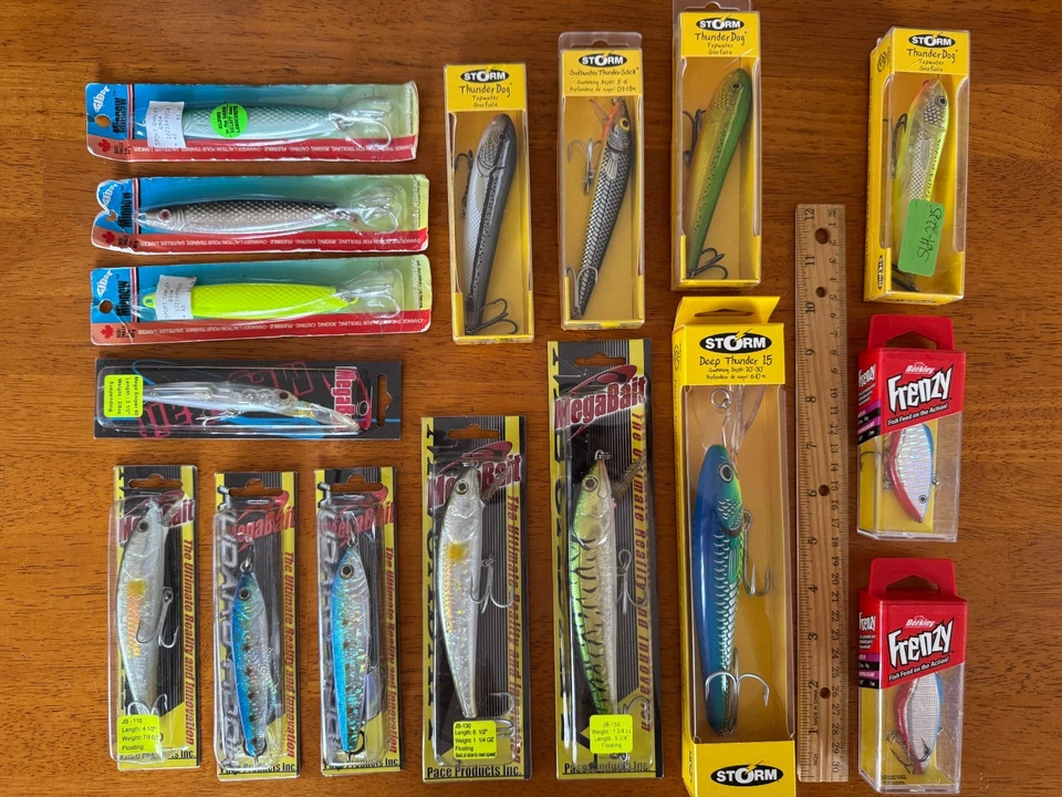 Lote de 16 señuelos - MEGA BAIT, FRENZY, STORM THUNDER STICK, GIBBS nuevos en paquete Foto 1 de 4