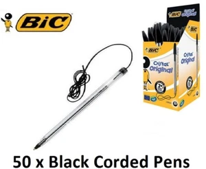 BIC Cristal Ballpoint Pen Medium 1.0mm Black 61cm Cord String x 50 Corded Pens - Picture 1 of 2